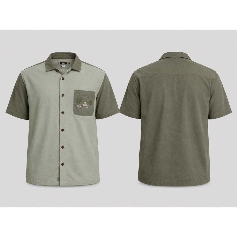 Quiksilver Button Down Sage Green with Embroidery Short Sleeve Men's Size XXL